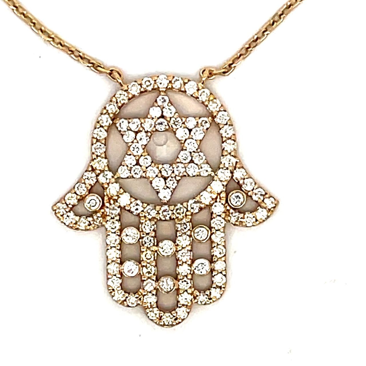 Big size Hamsa pendant in yellow gold with pave set round diamonds.  D1.03ct.t.w.
