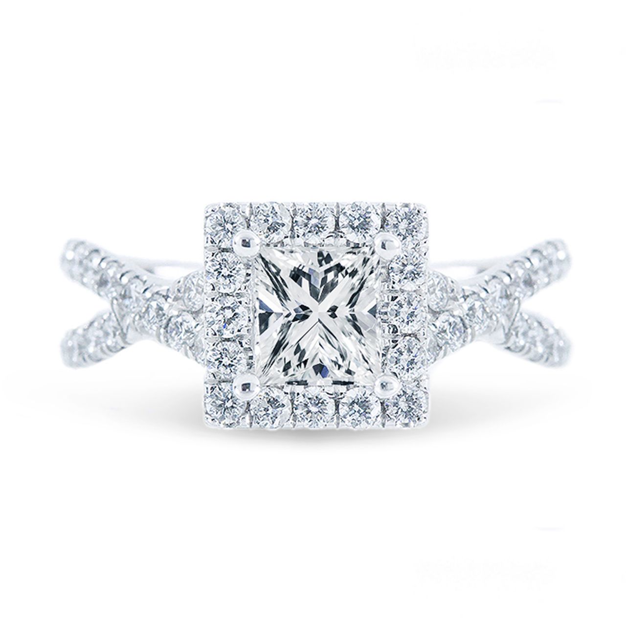 Halo criss-cross shank semi-mount with french pave set round diamonds.  D0.75ct.t.w.
