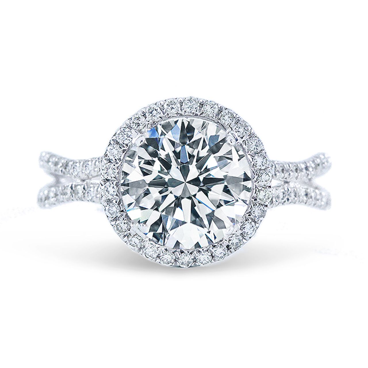 Double halo curved split-shank semi-mount with round diamonds.  D0.50ct.t.w.