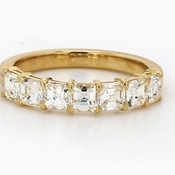 7-stone band in 18K YG with basket prong set asscher cut diamonds.  D1.30ct.t.w.  Size 5.25