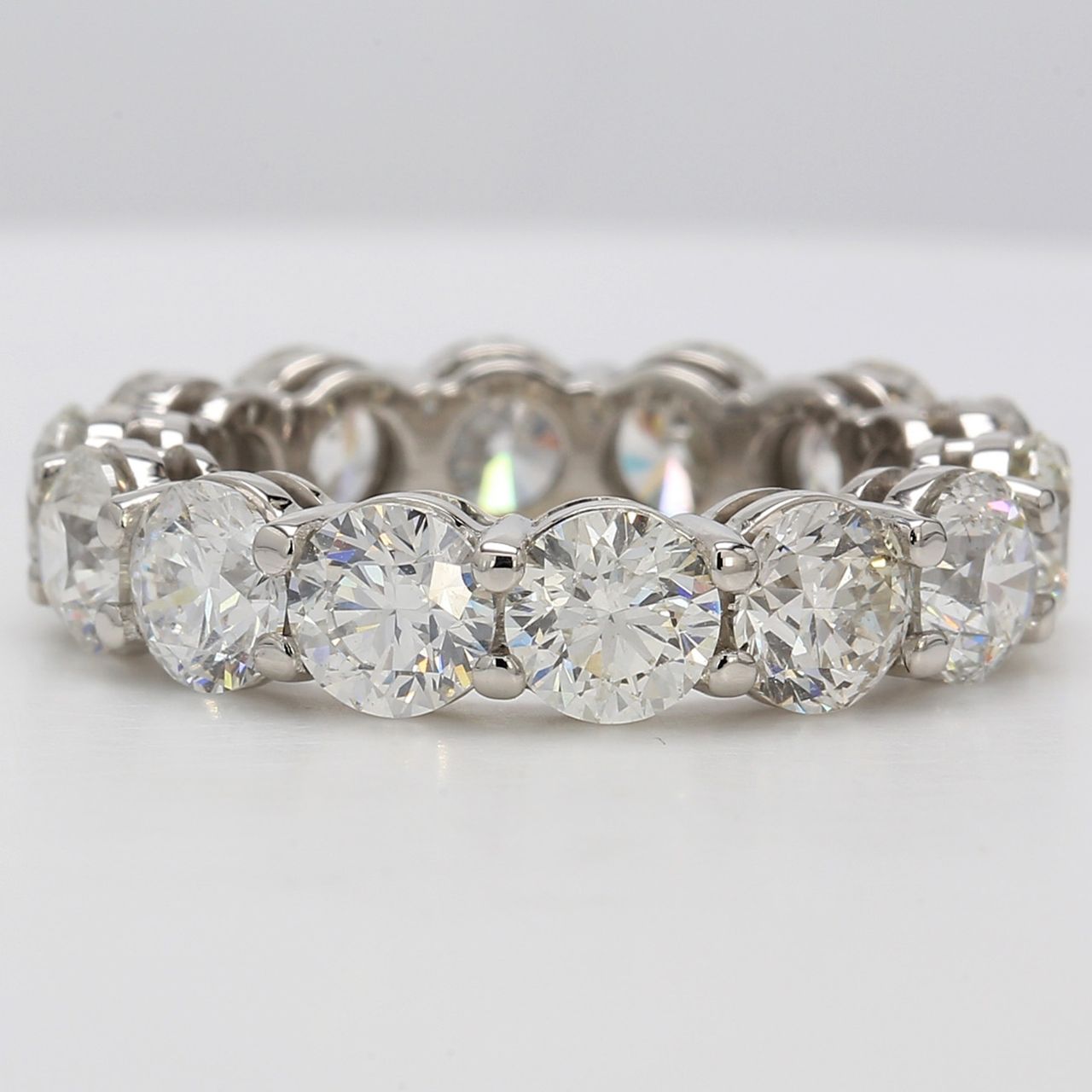 Eternity band in platinum with shared prong set round diamonds.  D8.54ct.t.w.  Size 8