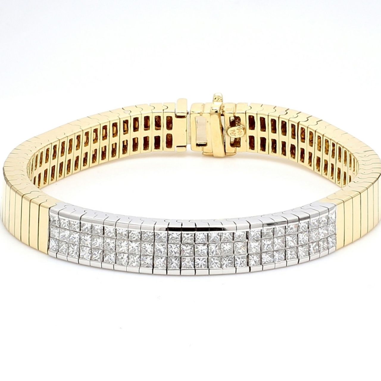 ID bracelet in two-tone with 3-row princess cut diamonds.  D3.00ct.t.w.