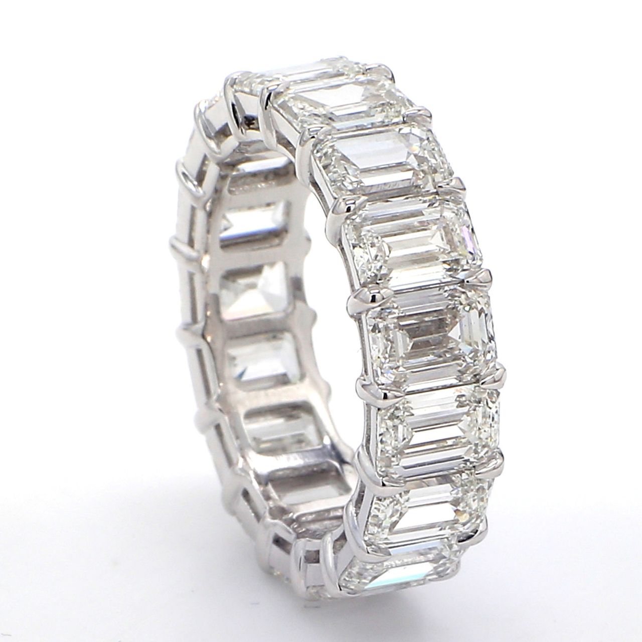 Eternity band in platinum with basket prong claw set GIA certified D-F/VVS1-VS2 (17) emerald cut diamonds.  D8.85ct.t.w.  Size 5.5