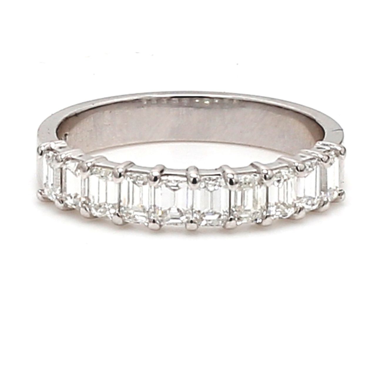 10-stone band in platinum with basket prong set emerald cut diamonds.  D0.87ct.t.w.  Size 5