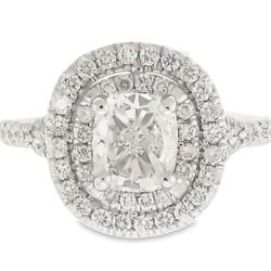 Double halo split shank semi-mount with French pave set round diamonds.  D0.72ct.t.w.