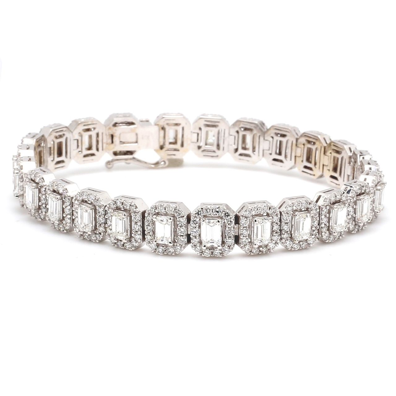 7' Halo tennis bracelet with shared prong set rounds around 4-prong set (25) emerald cut diamonds.  D9.21ct.t.w.
