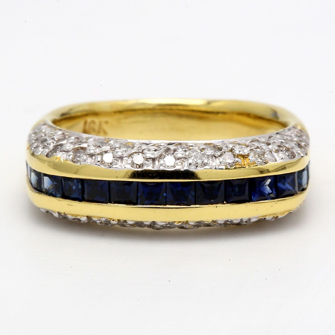 Square shaped band in 18K YG with round diamonds & princess cut sapphires.  D0.80ct.t.w.  Sapphires 0.96ct.t.w.