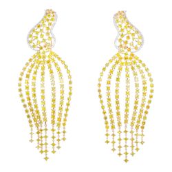4' Vintage style chandelier earrings in 18K YG with 7-row prong set fancy yellow princess cuts & pre-set round diamonds.  D20.24ct.t.w.  Fancy Yellow 12.80ct.t.w.