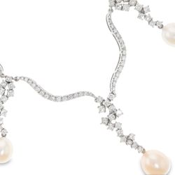 Drop pearl and diamond necklace in 18K WG with French pave set round diamonds.  D6.12ct.t.w.