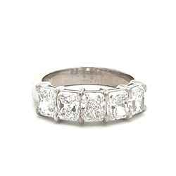 5-stone band in platinum with shared prong basket set D-F/VS2-SI1 GIA certified radiant cut diamonds.  D2.52ct.t.w.  Size 6