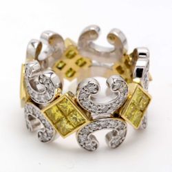 Ring in two-tone with pave set rounds & 2x2 invisible set FY princess cut diamonds.  D1.05ct.t.w.  Size 5