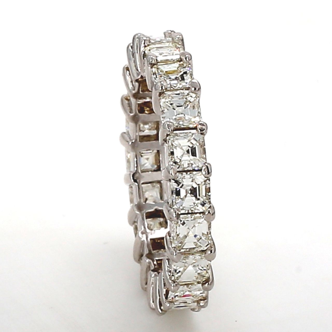 Eternity band with shared prong set (20) asscher cut diamonds.  D3.87ct.t.w.  Size 7