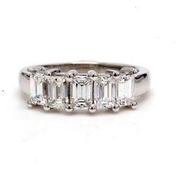5-stone band in platinum with shared prong set emerald cut diamonds.  D1.80ct.t.w.  Size 6.75