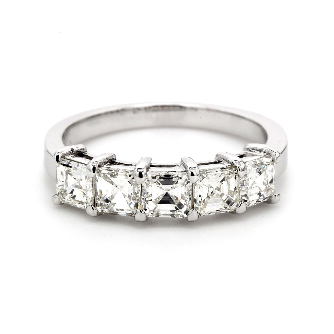 5-stone band with shared prong set asscher cut diamonds.  D1.70ct.t.w.  Size 7