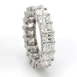 Eternity band in platinum with U-prong set (19) radiant cut diamonds.  D5.12ct.t.w.  Size 5