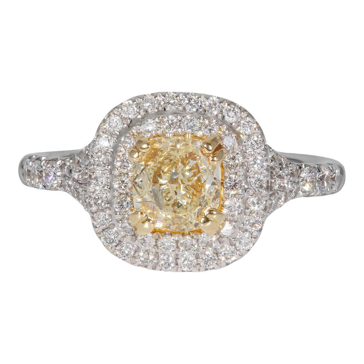 Halo semi split shank ring in 18K WG with prong set rounds around GIA certifid FLY/VS2 cushion cut diamond center stone.  D1.48ct.t.w.  (Center 1.00ct.)