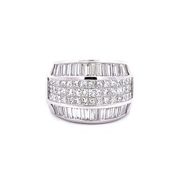 Wide band with 3-row invisible set princess cuts & channel set baguette diamonds on the sides.  D3.40ct.t.w.