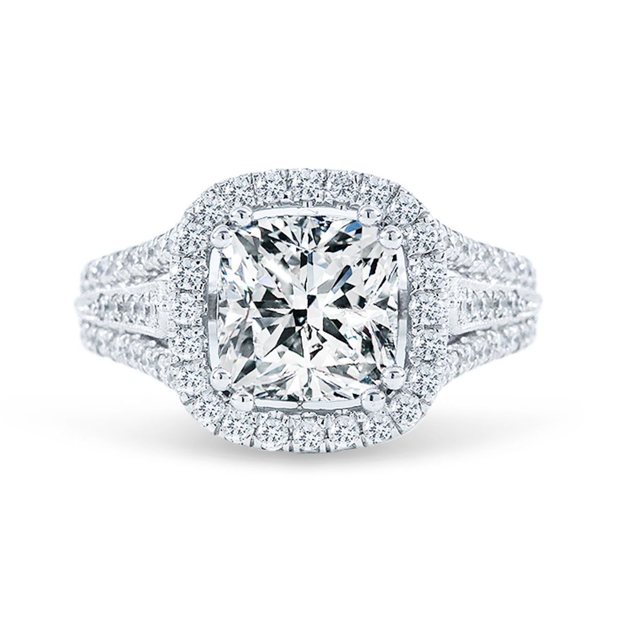 Halo multi shank semi-mount with milgrain and U-prong set round diamonds.  D0.68ct.t.w.
