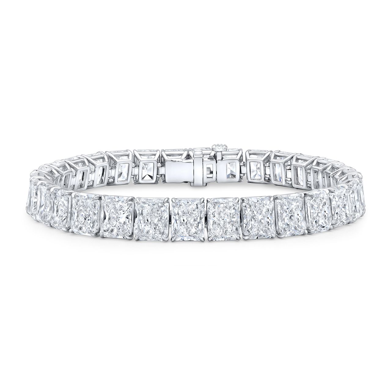 7' Tennis bracelet in platinum with GIA certified D-G/VS1-SI1 (42) radiant cut diamonds.  D21.33ct.t.w.