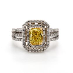 Double halo triple shank ring in 18K WG with 4-prong set GIA certified FVY/SI2 radiant cut center & french pave set round diamonds.  D1.53ct.t.w.  (Center 1.09ct.)  Size 6.25
