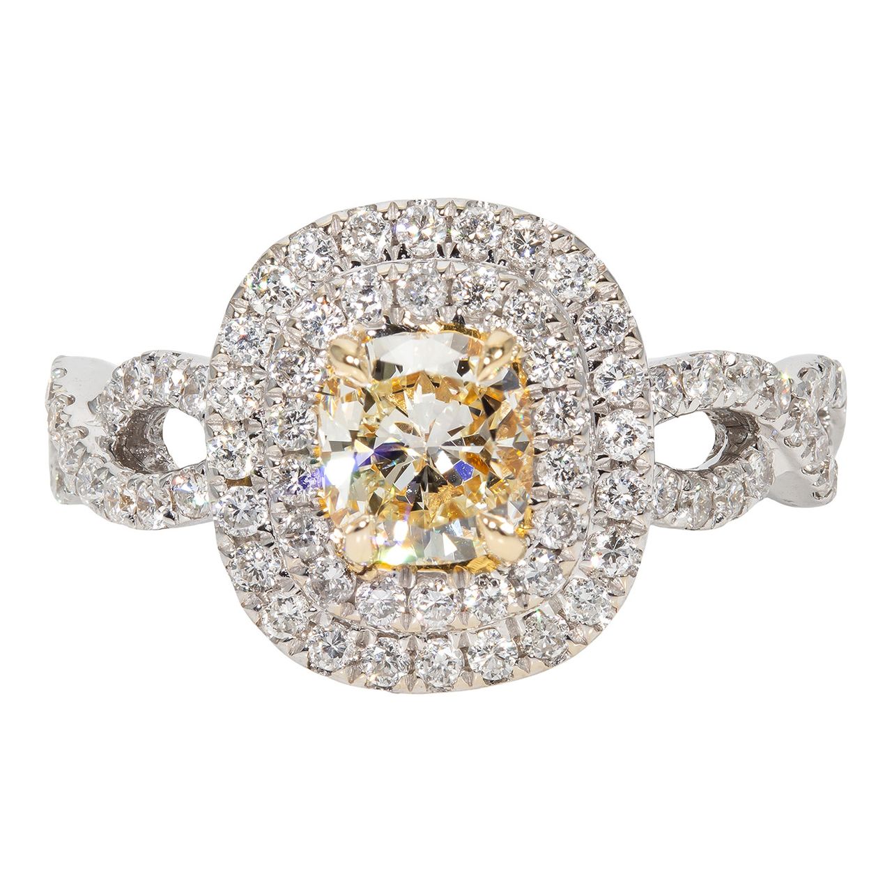 Double halo ring in 18K WG with French pave and pre-set rounds around 4-prong set FY cushion cut diamond center stone.  D0.62ct.t.w.  (Center 0.72ct.)  Size 6.75