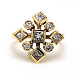Right hand ring in YG with round & princess cut diamonds.  D1.17ct.t.w.