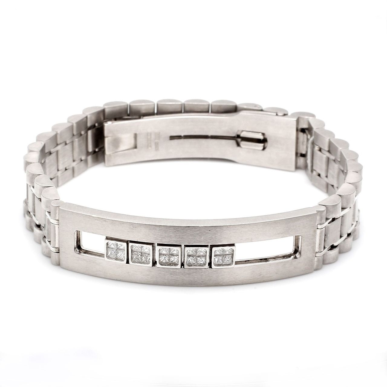 Men's brush finished ID bracelet with 5 moving 2x2 invisible set princess cut diamonds.  D0.82ct.t.w.