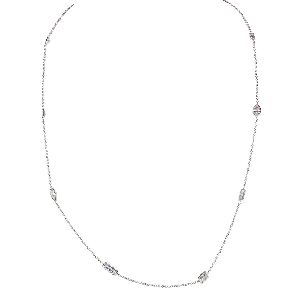 20' Diamonds by the yard necklace in 18K WG with bezel set princess, radiant, baguette, pear shape, & marquise diamonds.  D3.32ct.t.w.