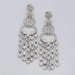 2.5' Chandelier earrings in 18K WG with bezel set baguettes and princess cuts & pave set round diamonds.  D6.53ct.t.w.