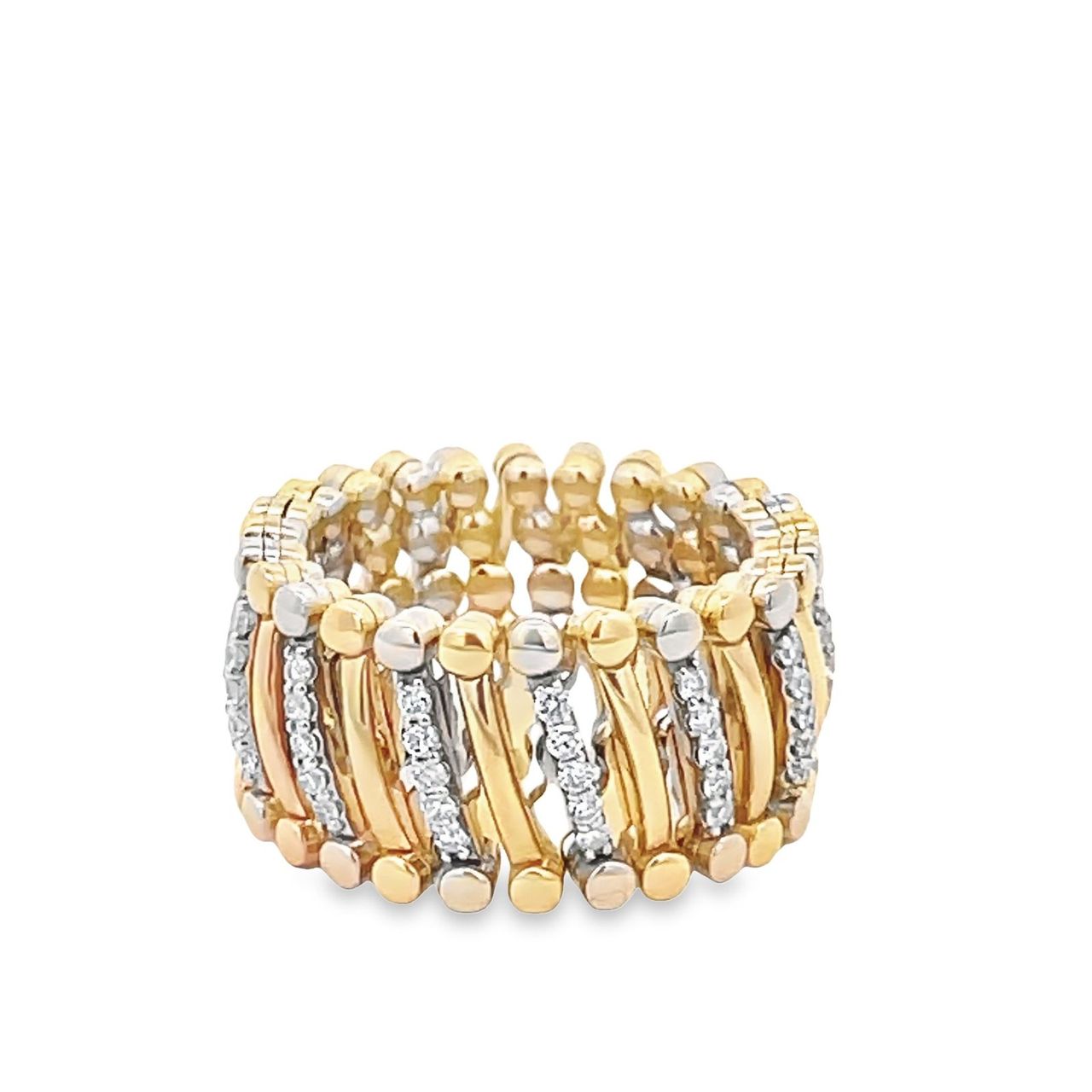 Expandable wide band in 18K YG with prong set round diamonds.  D0.66ct.t.w.  Size 7
