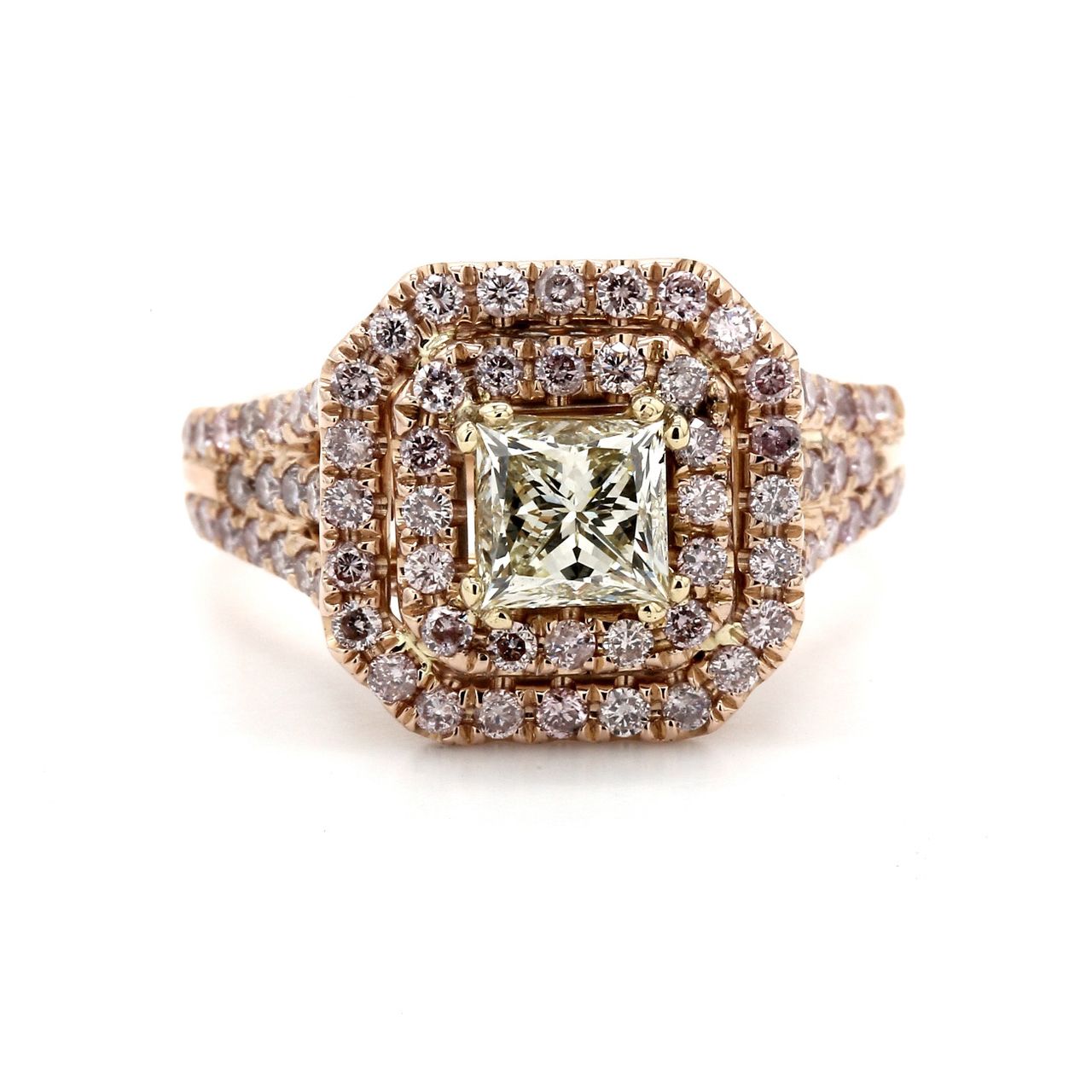 Double halo ring in 18K RG with GIA Certified FLY/VS1 princess cut center & french pave set round pink diamonds.  D2.20ct.t.w.  (Center 1.01ct.)  Size 6.5