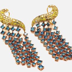 3.5' Vintage style chandelier earrings in 18K tri-color with prong set blue diamond & pre-set white and fancy yellow diamonds.  D18.73ct.t.w.