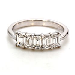 5-stone band in platinum with shared prong set emerald cut diamonds.  D1.43ct.t.w.  Size 7.25