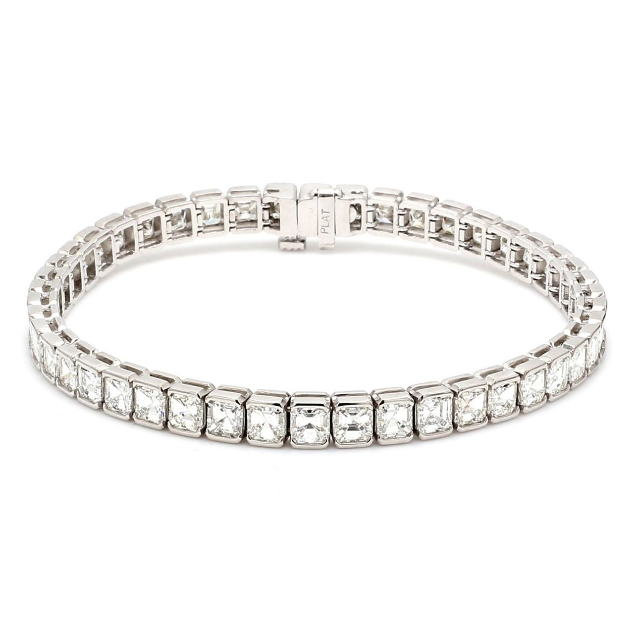 7' Tennis bracelet in platinum with half bezel set (46) asscher cut diamonds.  D11.61ct.t.w.