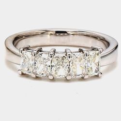 5-stone band in platinum with basket prong set radiant cut diamonds.  D1.02ct.t.w.  Size 5.75
