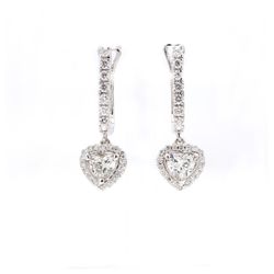 Halo dangling earrings with prong set rounds around 3-prong set heart shape diamond center stones.  D1.22ct.t.w.