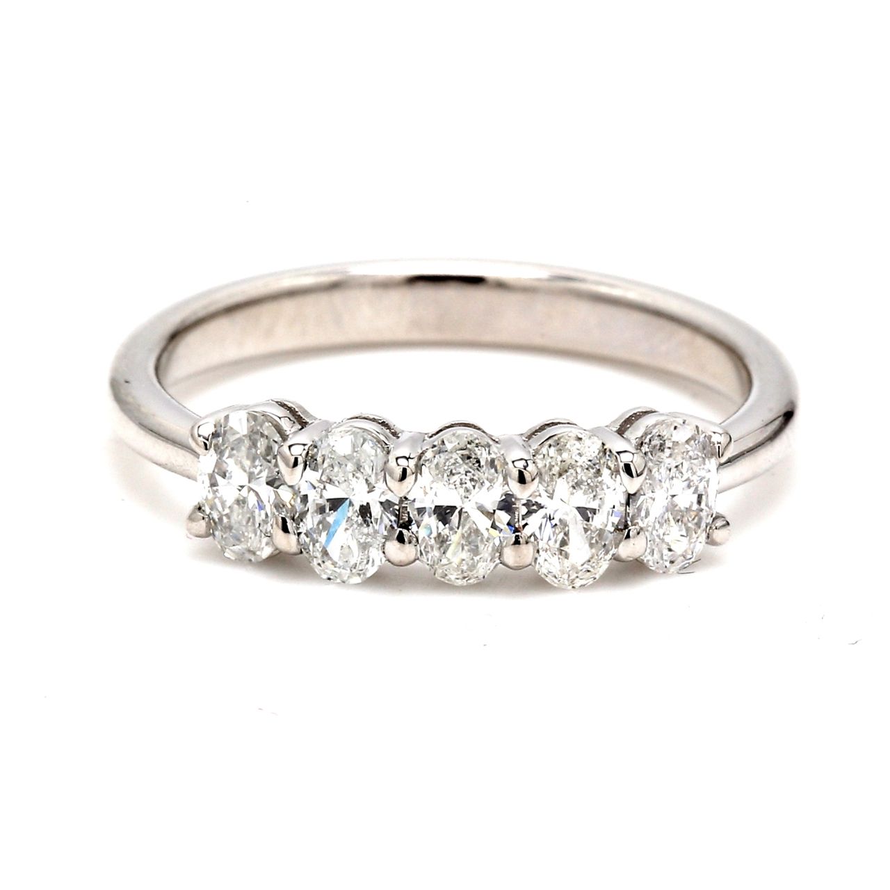 5-stone band in platinum with basket prong set oval diamonds.  D0.94ct.t.w.  Size 7