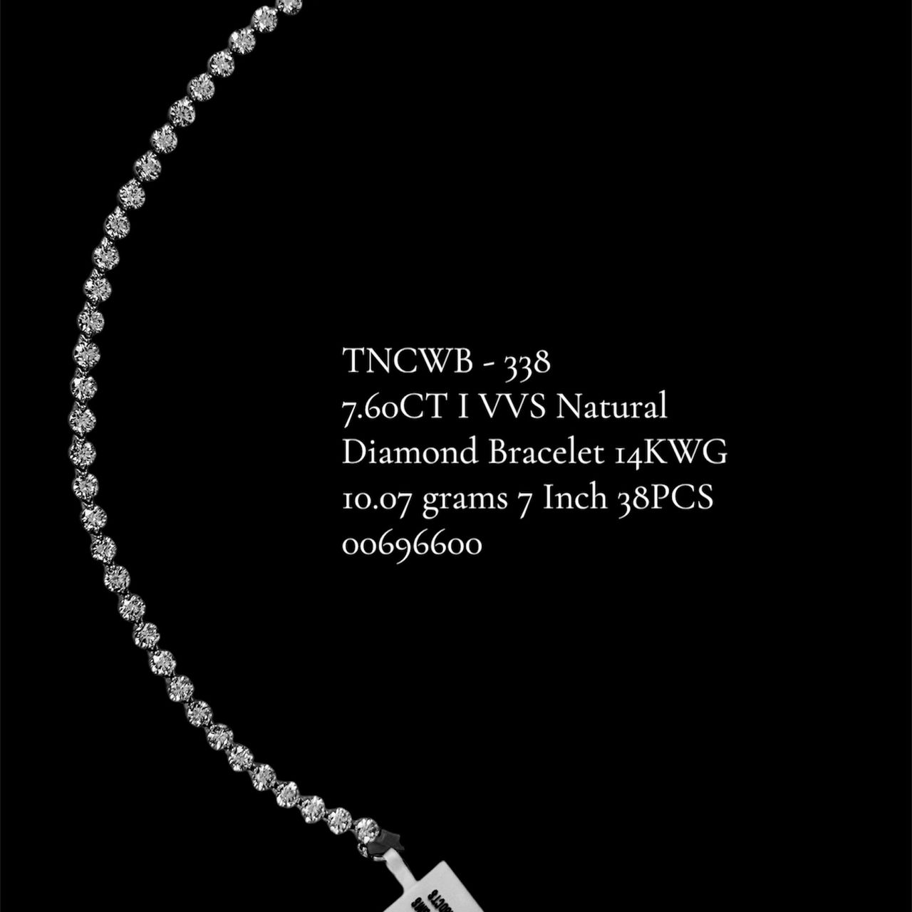 Diamond Bracelet 14KWG 7.60CT I VVS Natural 7 Inch 10.07 grams 38PCS 