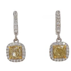 Halo style dangling earrings in 18K WG with shared prong set rounds and basket claw prong set FY/VS1-VS2 GIA certified cushion diamond centerstones.  D4.85ct.t.w.