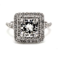 Double halo split shank semi-mount with prong set round diamonds.  D0.67ct.t.w.  Size 6.25