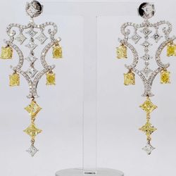 2' Pushback chandelier earrings in 18K WG with white princess cuts and rounds & fancy yellow oval, radiant, princess cut diamonds.  D7.19ct.t.w.