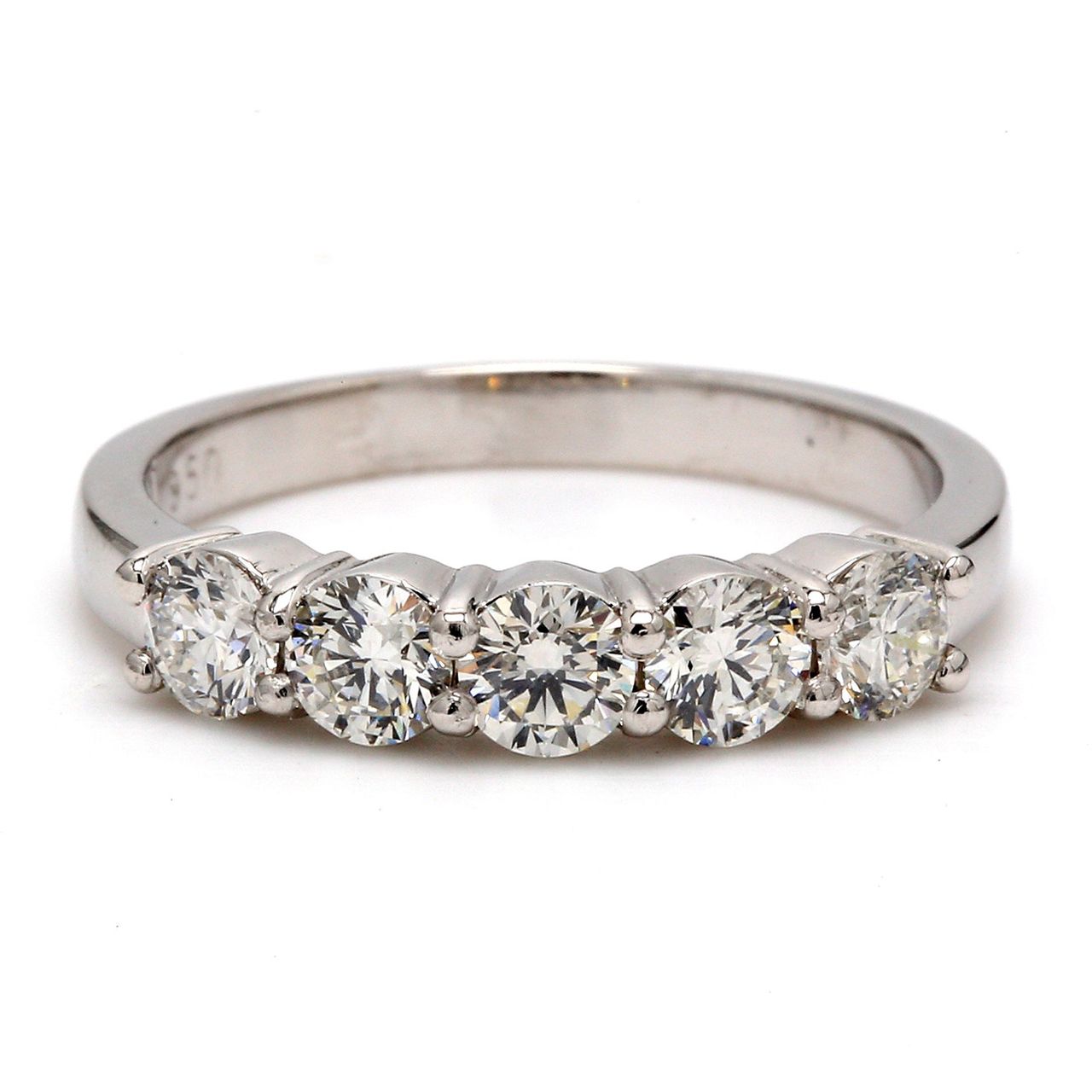 5-stone band in platinum with shared prong round diamonds.  D0.79ct.t.w.  Size 6.5