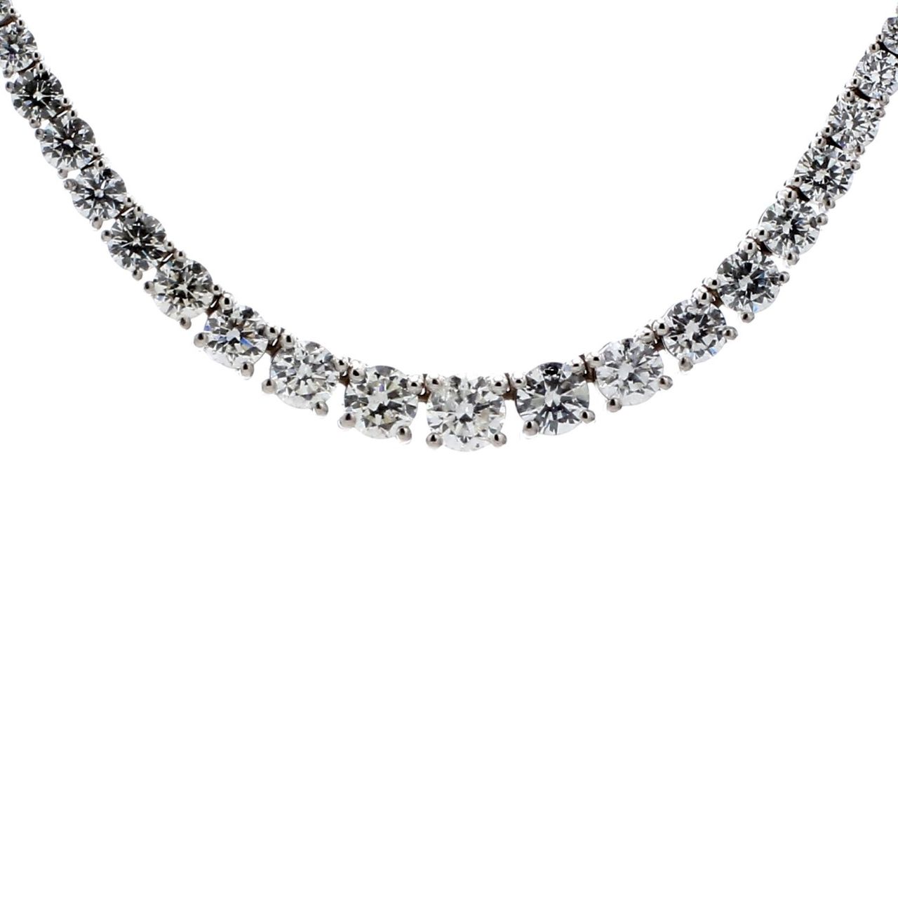 16' Half way graduated tennis necklace in 18K WG w/ 4-prong set round diamonds.  D5.92ct.tw.
