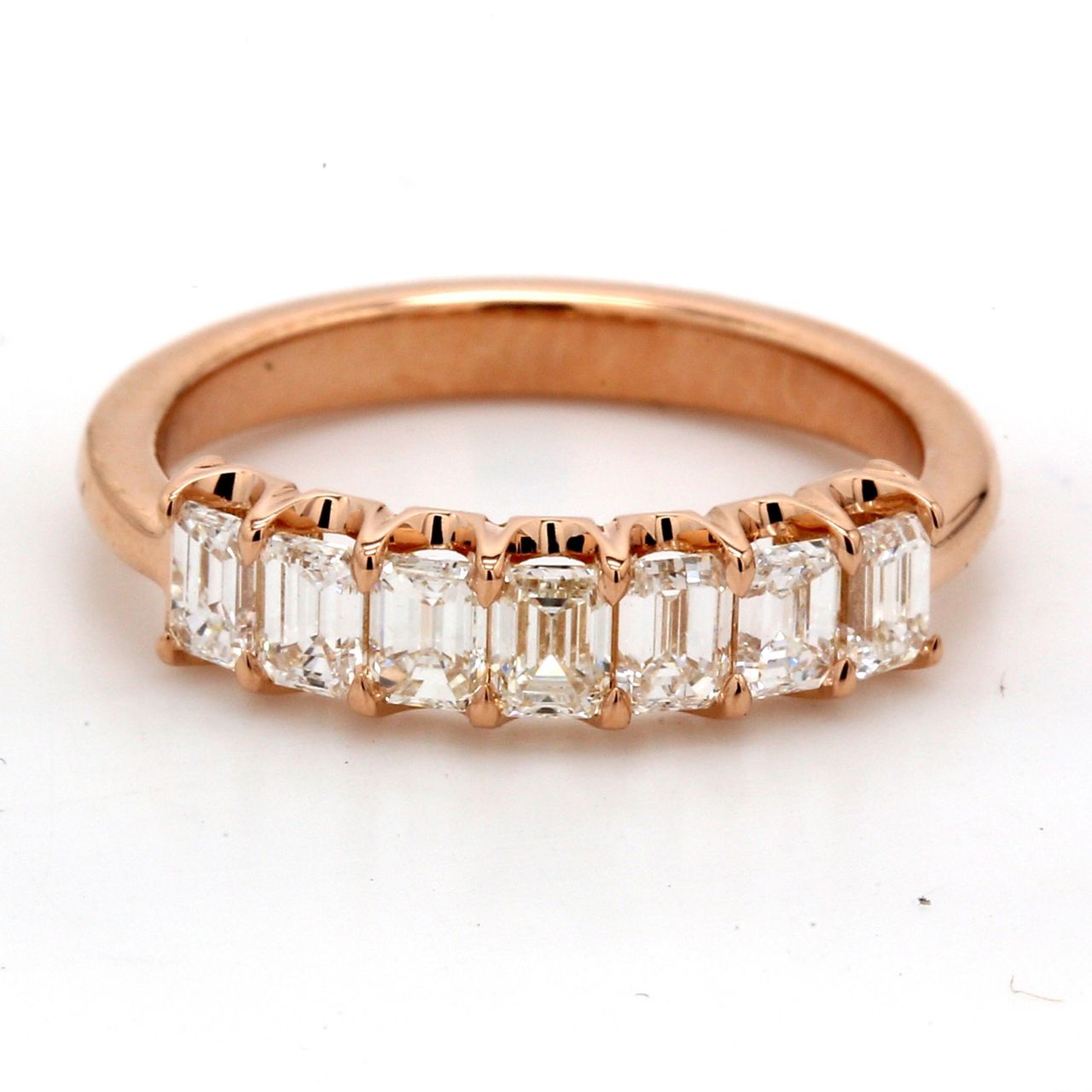 7-stone band in 18K RG with U-prong set emerald cut diamonds.  D1.17ct.t.w.  Size 6.75