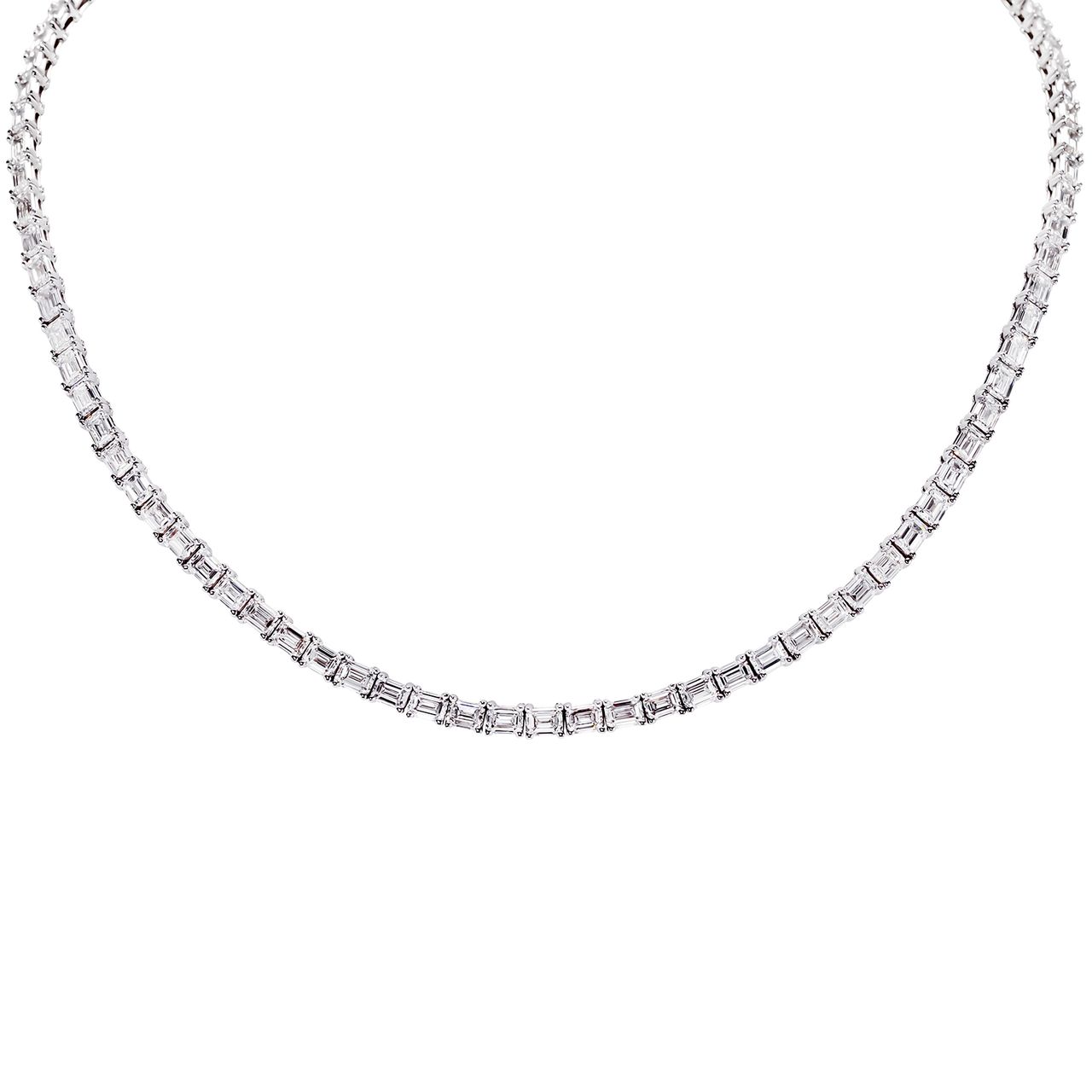 18' Tennis necklace east west style with basket prong set (136) emerald cut diamonds.  D14.26ct.t.w.