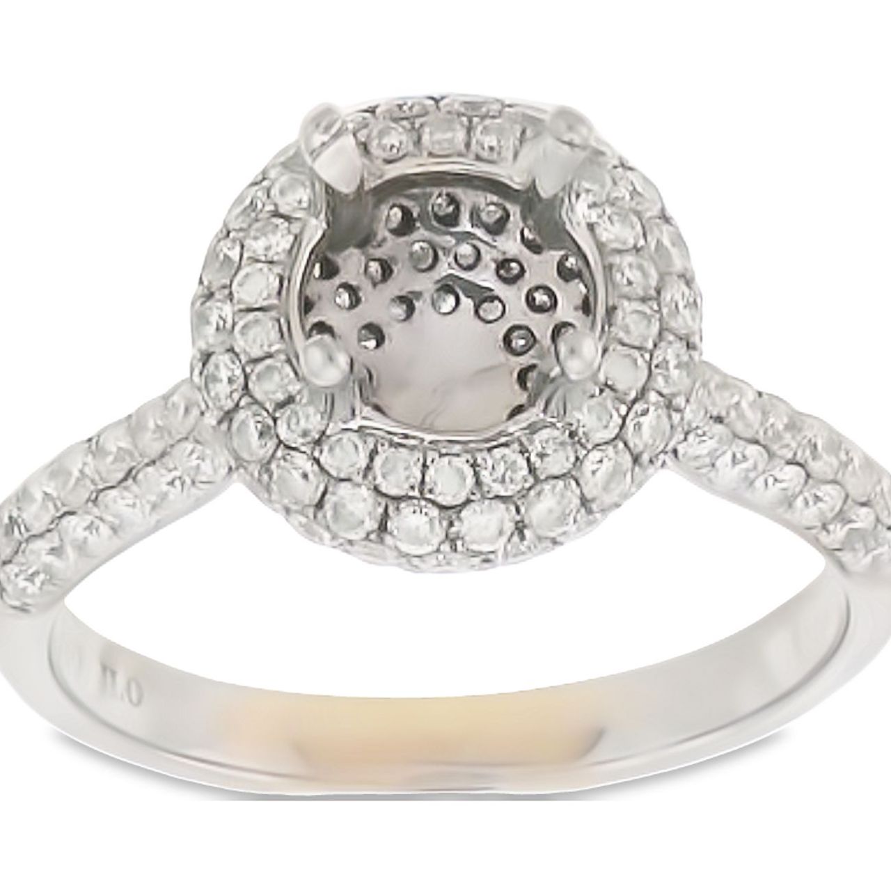 Halo semi-mount with pave set round diamonds.  D0.50ct.t.w.