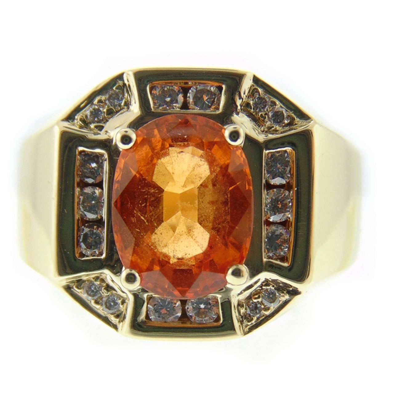 Ring in yellow gold with a 4-prong spessartite garnet center, channel and bezel set round diamonds.  D0.40ct.t.w.  Spessartite Garnet 3.00ct.