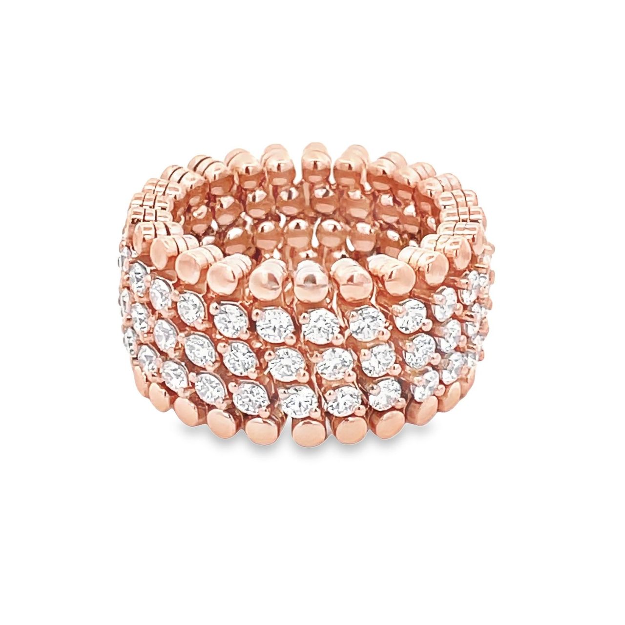 Flexible eternity band in 18K RG with prong set round diamonds.  D2.88ct.t.w.