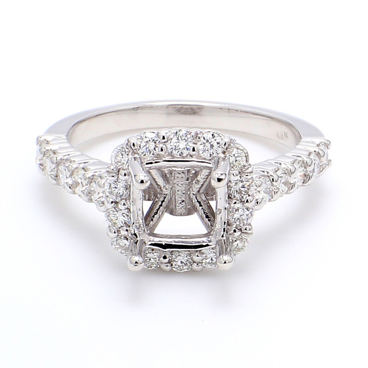 Halo semi-mount with bezel set & 4-prong set round diamonds.  D0.81ct.t.w.  Size 6.25