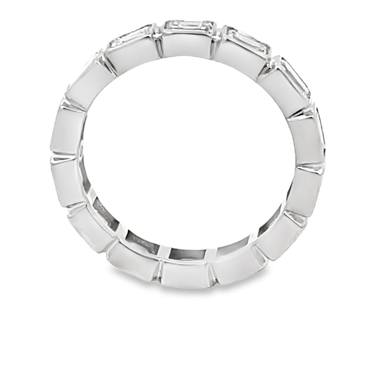 Eternity band east west style in 18K WG with bezel set (14) emerald diamonds.  D2.74ct.t.w.  Size 6